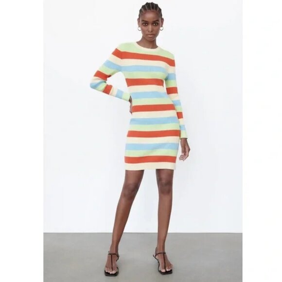NWT ZARA Ribbed Knit Multicolor Striped Fitted Long Sleeved Dress - Picture 2 of 12
